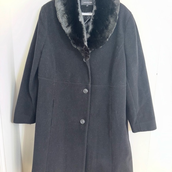Jones New York Women 2xl Wool Long Black Coat Overcoat Faux Fur Collar - Picture 2 of 8